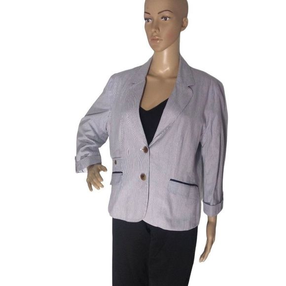 George Pinstripe 3/4 Sleeve Lined Blazer Blue Whit - Picture 1 of 5